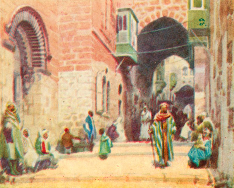 Jerozolima, scena uliczna (kolorowa litografia) autorstwa English School