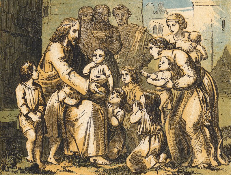 Jezus błogosławi małe dzieci (kolorowy grawerunek) autorstwa English School