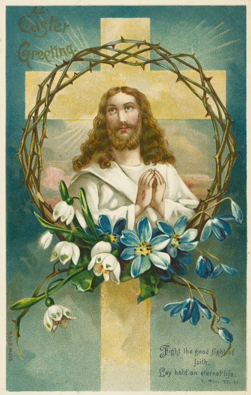 Jezus Chrystus, krzyż i korona cierniowa (chromolitografia) autorstwa English School