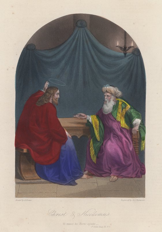 Jezus Chrystus i Nikodem (kolorowy grawerunek) autorstwa English School
