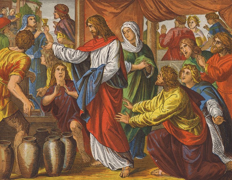 Jezus Chrystus i wesele w Kanie Galilejskiej (kolorowa litografia) autorstwa English School