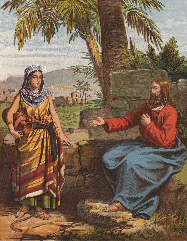 Jezus Chrystus i kobieta z Samarii (kolorowa litografia) autorstwa English School