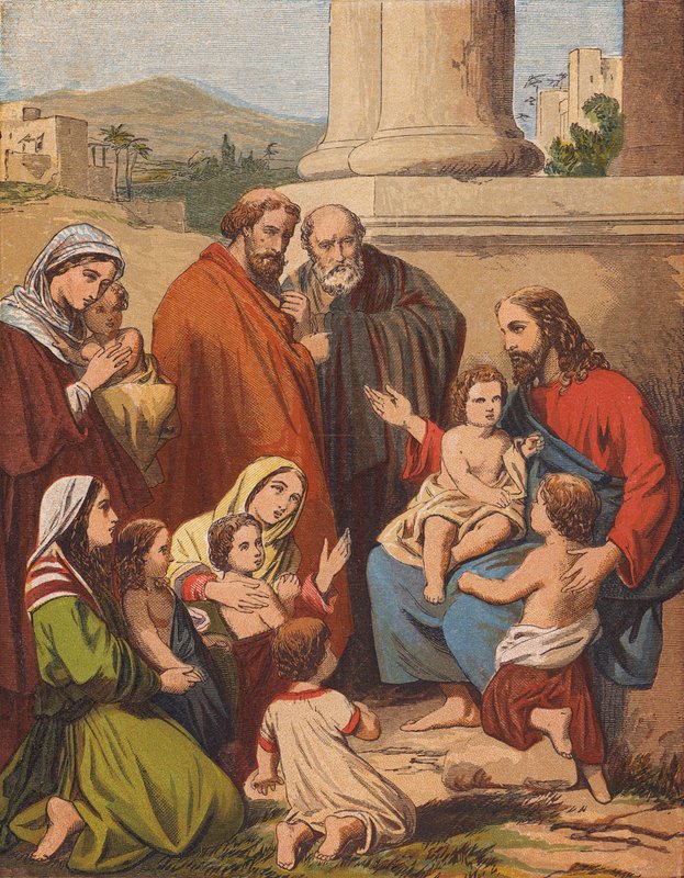 Jezus Chrystus błogosławiący małe dzieci (kolorowa litografia) autorstwa English School