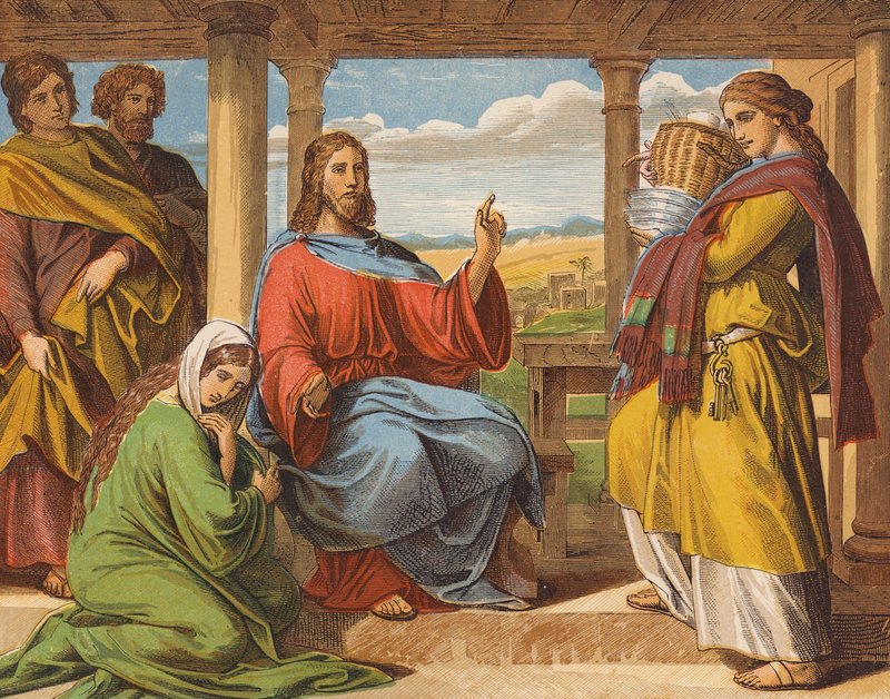 Jezus Chrystus w domu Marty i Marii (kolorowa litografia) autorstwa English School