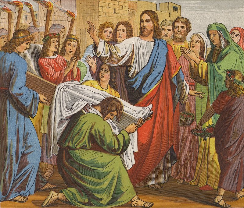 Jezus Chrystus wskrzeszający syna wdowy z Nain (kolorowa litografia) autorstwa English School