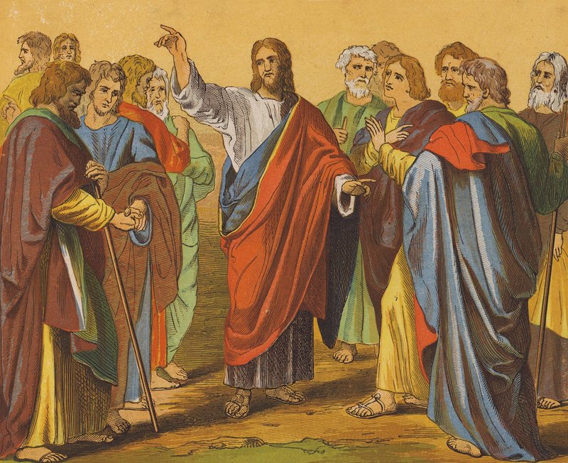Jezus Chrystus rozsyłający dwunastu apostołów (kolorowa litografia) autorstwa English School