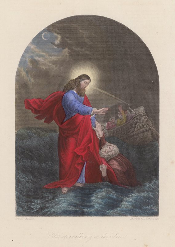 Jezus Chrystus idący nad Jeziorem Galilejskim (kolorowy grawerunek) autorstwa English School