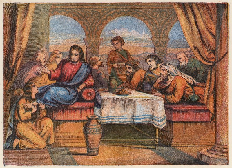 Jezus Chrystus z uczniami i Marią Magdaleną (kolorowa litografia) autorstwa English School