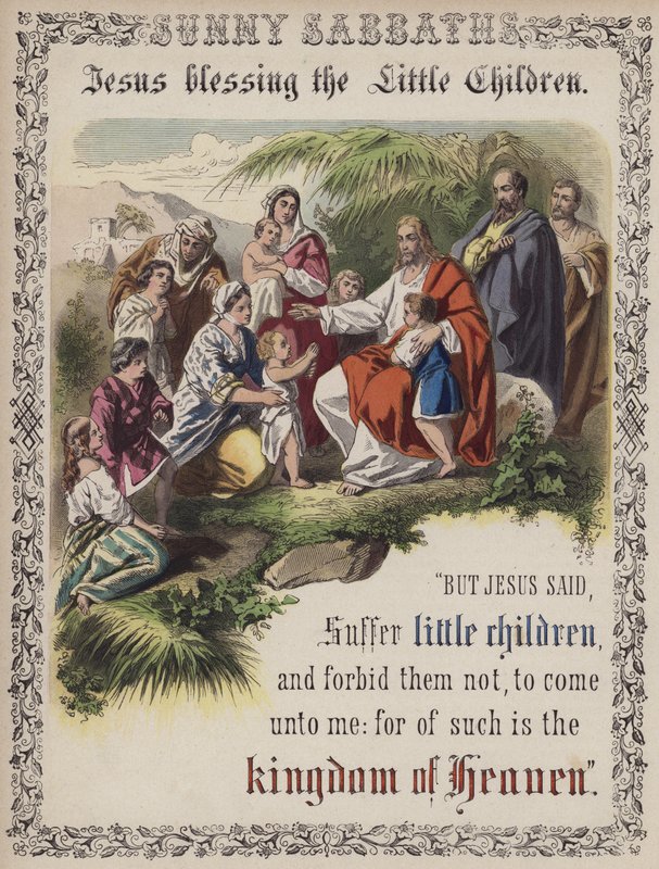 Jezus błogosławi małe dzieci (kolorowy grawerunek) autorstwa English School