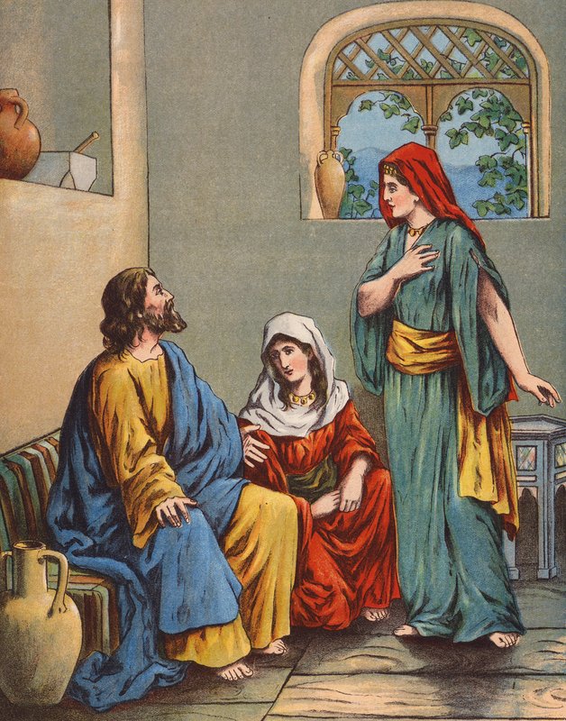 Jezus w domu Marty i Marii (kolorowa litografia) autorstwa English School
