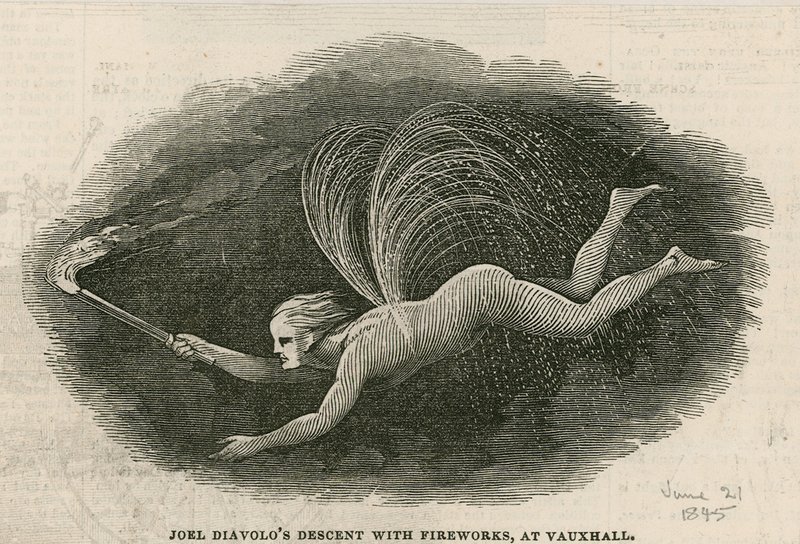 Zjazd Joela Diabolosa z fajerwerkami w Vauxhall Gardens w Londynie autorstwa English School