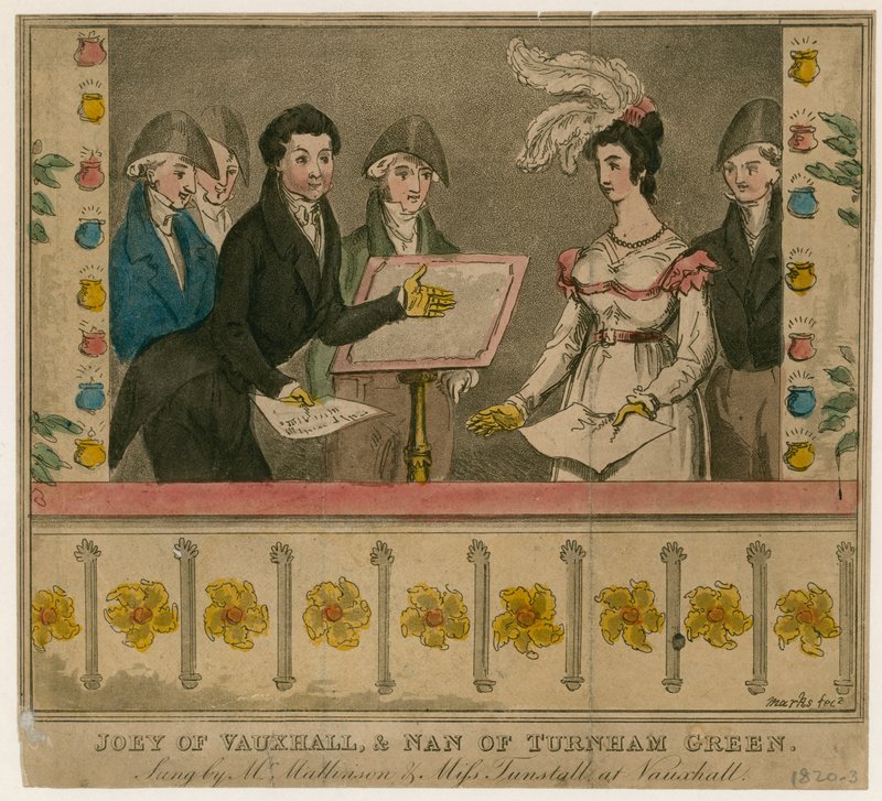 Joey z Vauxhall i Nan z Turnham Green, śpiewane przez pana Mattisona i pannę Tunstall w Vauxhall Gardens autorstwa English School