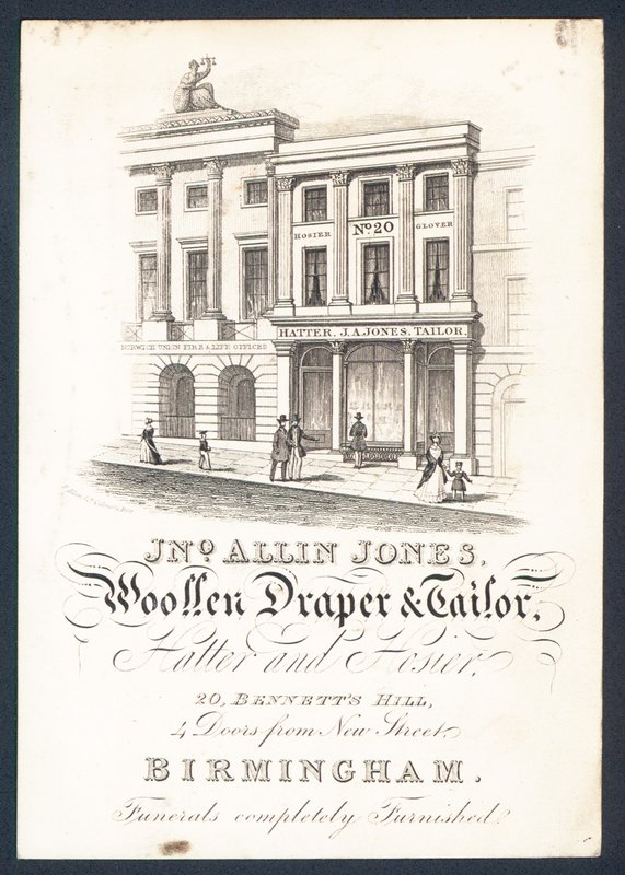 John Allin Jones, wełniany draper i krawiec, kapelusznik i pończocha, karta handlowa autorstwa English School