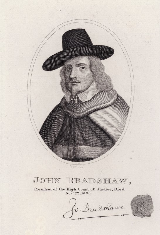 John Bradshaw, angielski sędzia, który był prezesem Wysokiego Trybunału Sprawiedliwości w procesie króla Karola I w 1649 r. (rycina) autorstwa English School