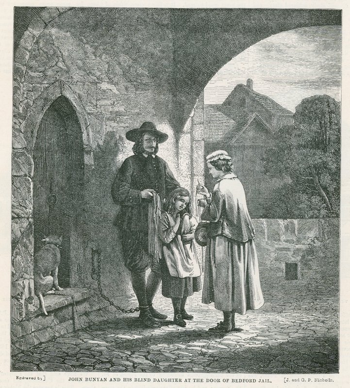 John Bunyan i jego niewidoma córka w drzwiach więzienia Bedford autorstwa English School