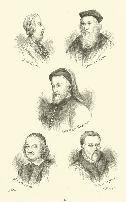 John Gower, John Wycliffe, Geoffrey Chaucer, Miles Coverdale, William Tyndale autorstwa English School