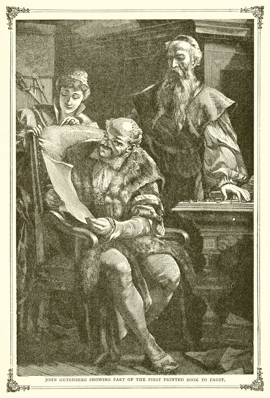 John Gutenberg pokazuje Faustowi część Pierwszej Drukowanej Księgi autorstwa English School