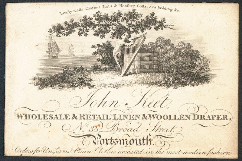 John Keet, hurtowa i detaliczna draperia lniana i wełniana, karta handlowa autorstwa English School