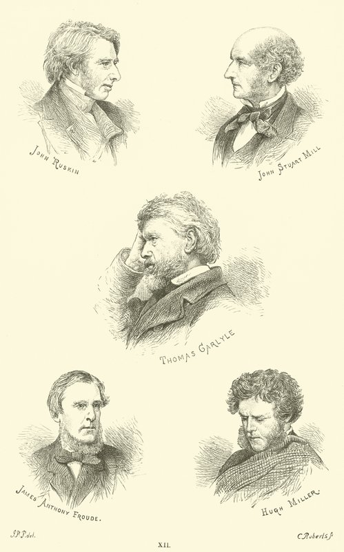 John Ruskin, John Stuart Mill, Thomas Carlyle, James Anthony Froude, Hugh Miller autorstwa English School