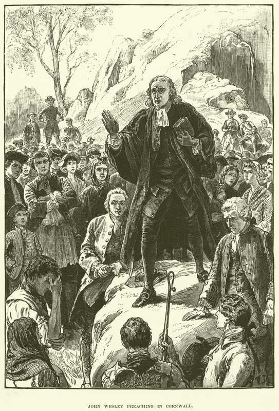 John Wesley, przemawia w Kornwalii (rycina) autorstwa English School