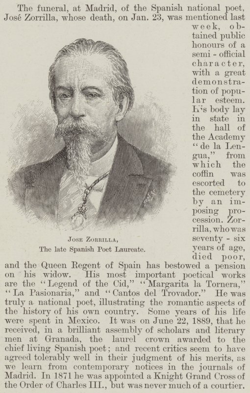 Jose Zorrilla, zmarły laureat hiszpańskiego poety (grafika) autorstwa English School