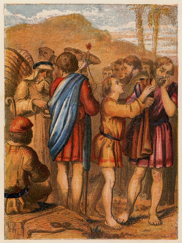 Józef sprzedany przez swoich braci (kolorowa litografia) autorstwa English School