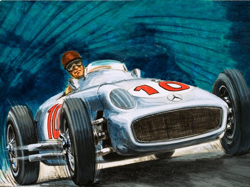 Juan Manuel Fangio prowadzący Mercedes-Benz autorstwa English School