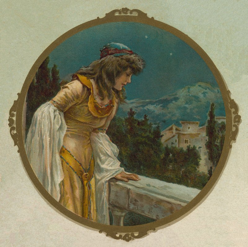 Julia na swoim balkonie, scena z Romea i Julii Szekspira (chromolitho) autorstwa English School