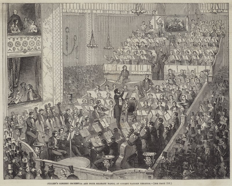 Orkiestra koncertowa Julliena i cztery zespoły wojskowe, w Covent Garden Theatre (rycina) autorstwa English School