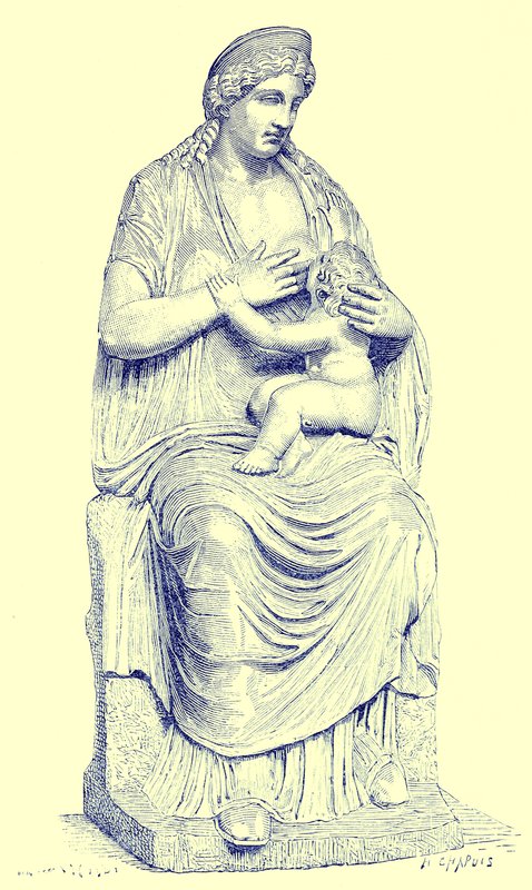 Junona karmiąca niemowlę Herkules, posąg w Watykanie, ilustracja z Historii Rzymu autorstwa Victora Duruy, opublikowana w 1884 r. (obraz ulepszony cyfrowo) autorstwa English School