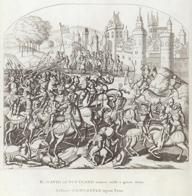 K. David ze Szkocji przybywa z wielką armią przed Newcastle upon Tyne autorstwa English School