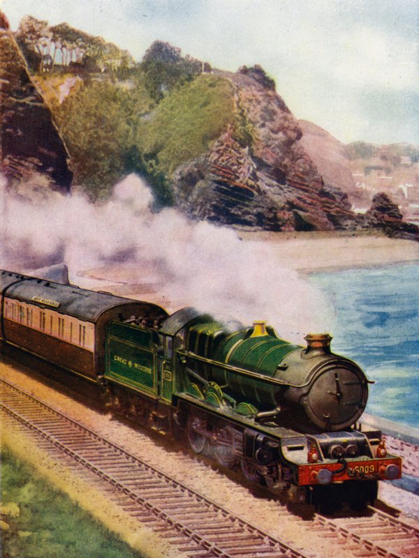 King Charles II, Great Western Railway (GWR) Lokomotywa parowa klasy 4-6-0 King, ciągnąca ekspres Cornish Riviera wzdłuż wybrzeża między Dawlish i Teignmouth, Devon (kolor litho) autorstwa English School