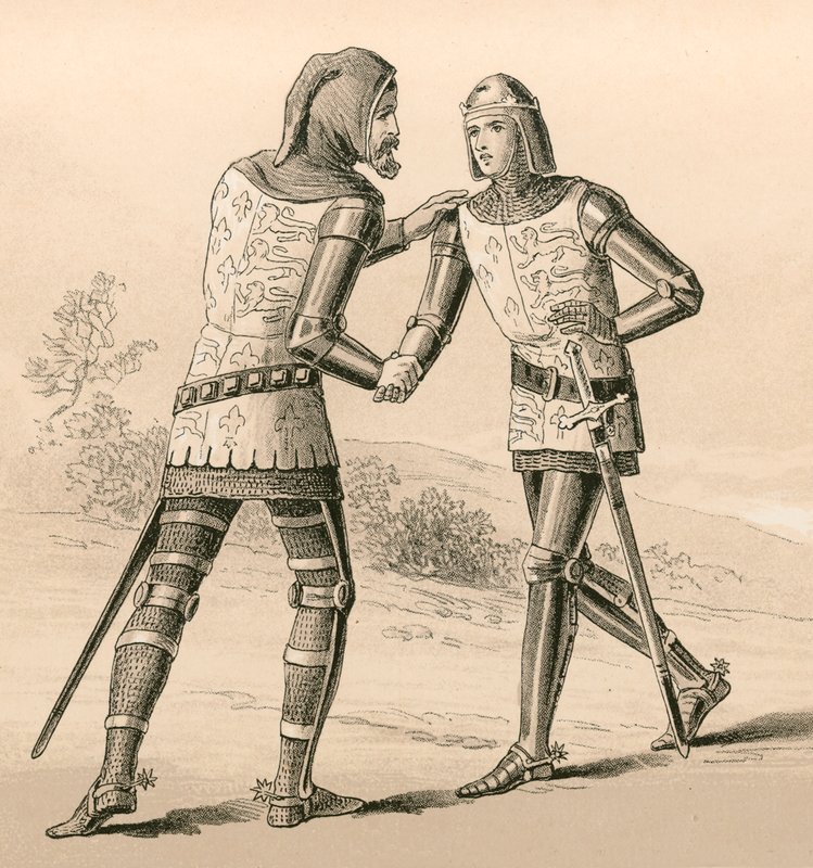 Król Edward III witający swojego syna, Czarnego Księcia, po bitwie pod Crecy autorstwa English School