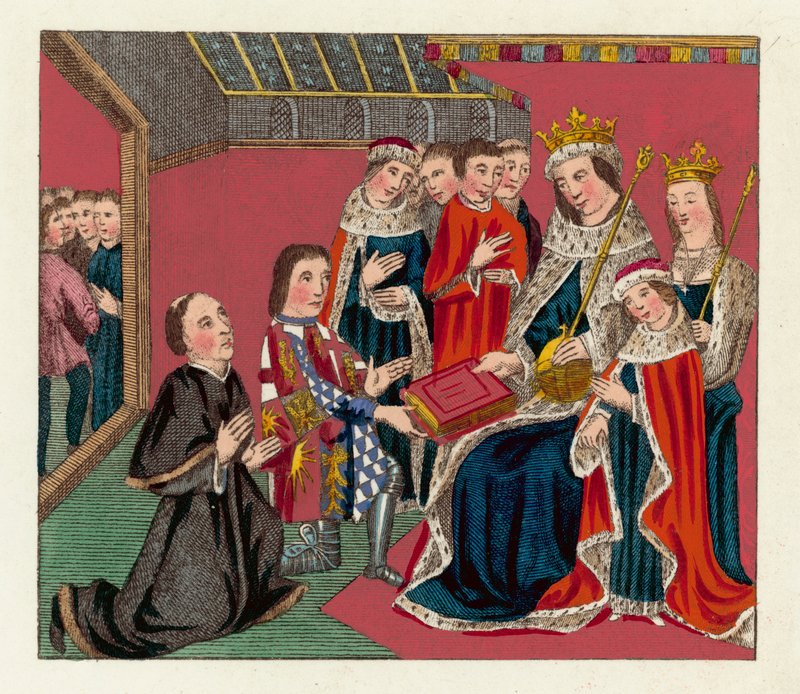 Król Edward IV, jego królowa i syn (kolorowy grawerunek) autorstwa English School