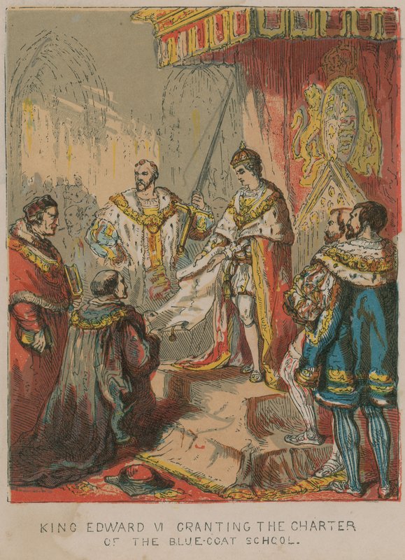 Król Edward VI nadający statut Szkoły Bluecoat autorstwa English School