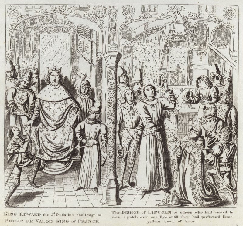 Król Edward III wysyła swoje wyzwanie Philipowi de Valois, królowi Francji, biskupowi Lincoln i innym, którzy przysięgli nosić łatkę na jednym oku, dopóki nie dokonają jakiegoś dzielnego czynu A. autorstwa English School