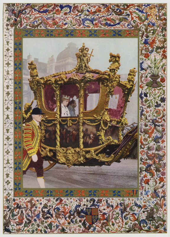 King George V i Queen Mary jadą w State Coach (kolor lito) autorstwa English School