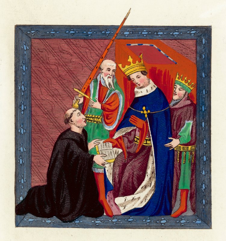 Król Henryk VI i Jan Lydgate (kolorowy grawerunek) autorstwa English School