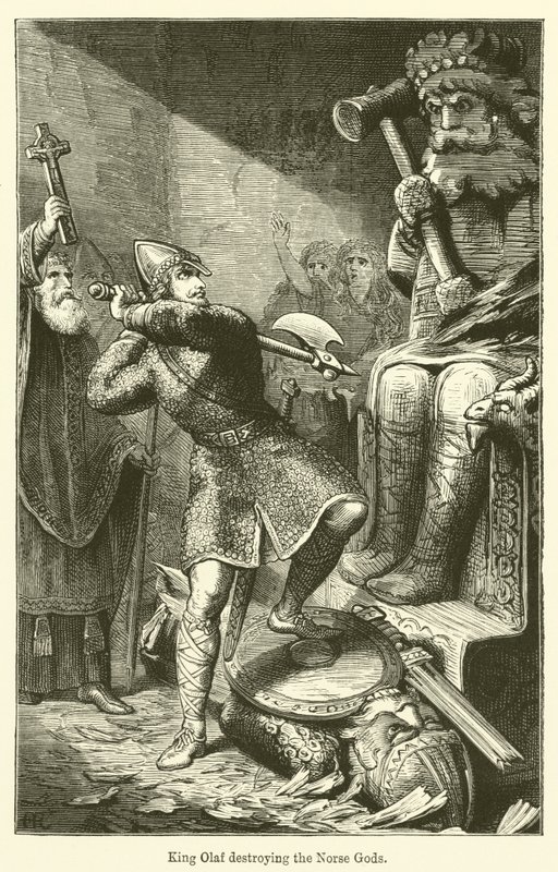 Król Olaf niszczy nordyckich bogów (rycina) autorstwa English School