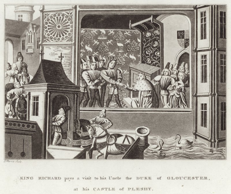 Król Ryszard odwiedza swojego wuja księcia Gloucester w swoim zamku Pleshy autorstwa English School
