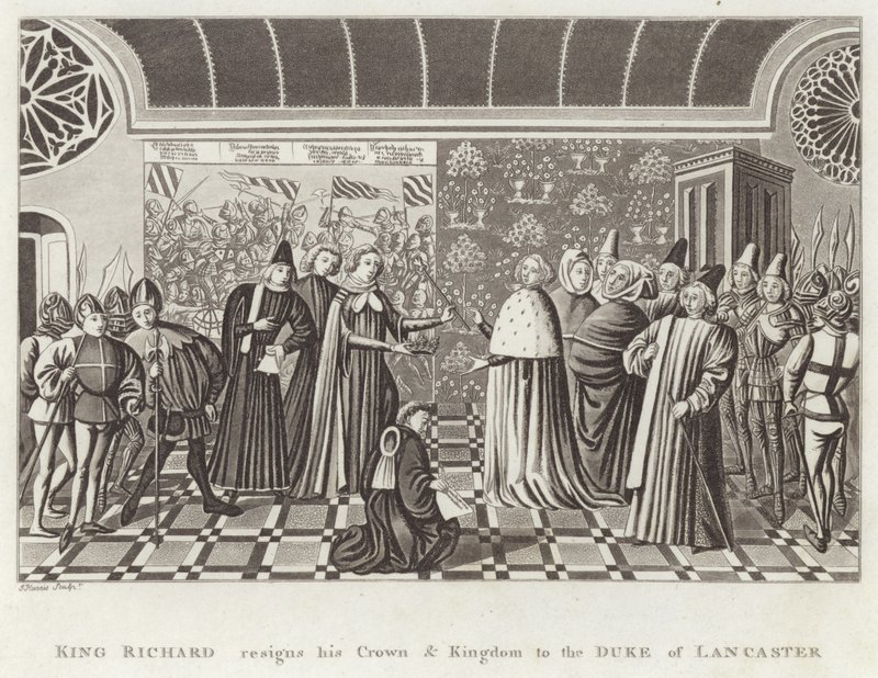 Król Ryszard rezygnuje z korony i królestwa na rzecz księcia Lancaster autorstwa English School