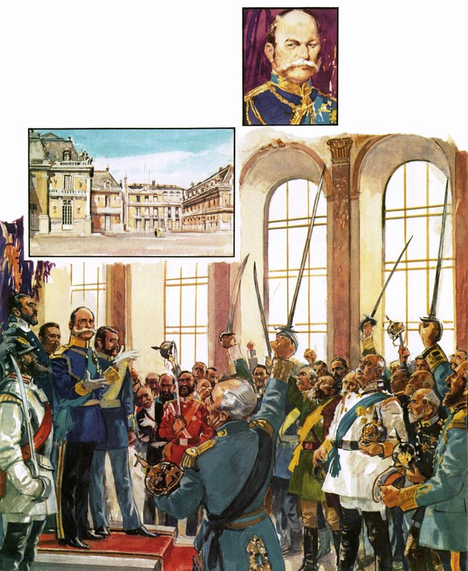 Król Wilhelm Pruski ogłaszający utworzenie zjednoczonego Cesarstwa Niemieckiego w pałacu wersalskim autorstwa English School