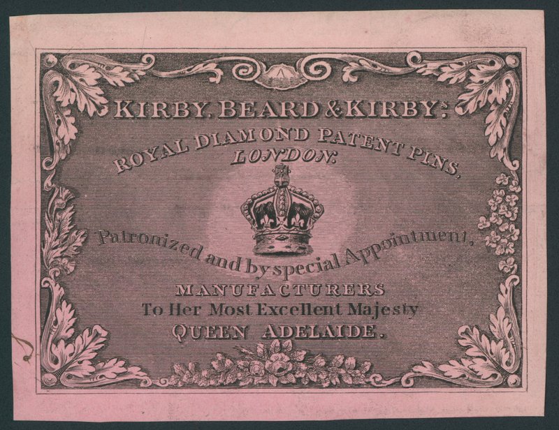 Kirby, Beard and Kirby, Royal Diamond Patent Pins, karta handlowa autorstwa English School