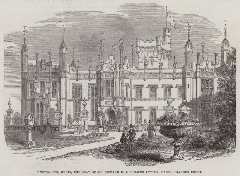 Knebworth, Herts, Siedziba Sir Edwarda EL Bulwer Lytton, Baronet, Garden Front (grawerowanie) autorstwa English School