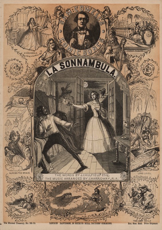La Sonnambula, jedna z komicznych piosenek Sama Cowella (kolor lito) autorstwa English School