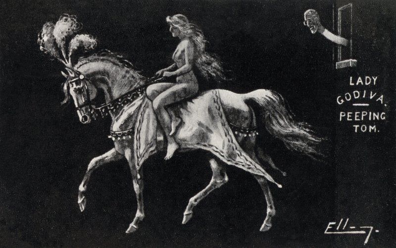 Lady Godiva jadąca nago na koniu ulicami Coventry, obserwowana przez podglądającego Toma (lito) autorstwa English School
