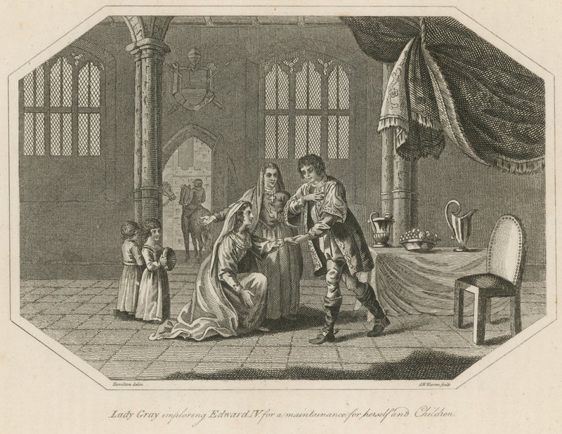 Lady Grey błaga króla Edwarda IV o utrzymanie dla siebie i dzieci autorstwa English School