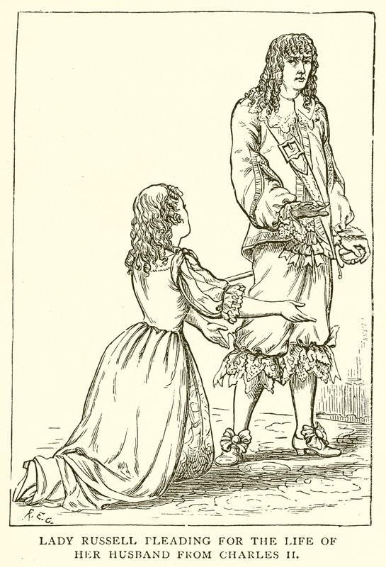 Lady Russell błaga o życie swojego męża od Karola II autorstwa English School