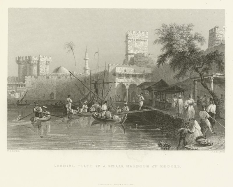 Miejsce lądowania w małym porcie na Rodos, 1837 autorstwa English School