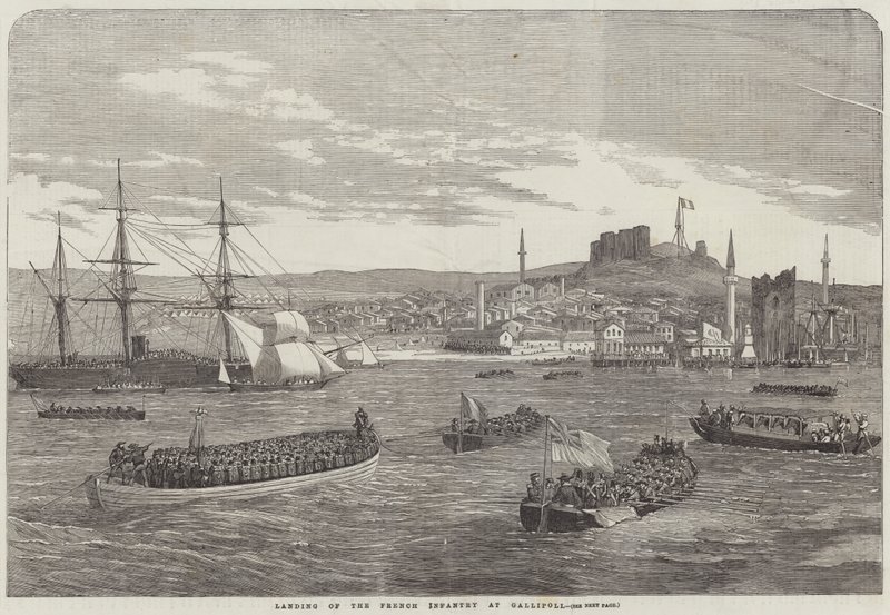 Lądowanie piechoty francuskiej w Gallipoli (grafika) autorstwa English School